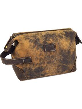 Men's Brown Genuine Leather Travel Vintage Toiletry Bag with Waterproof Lining